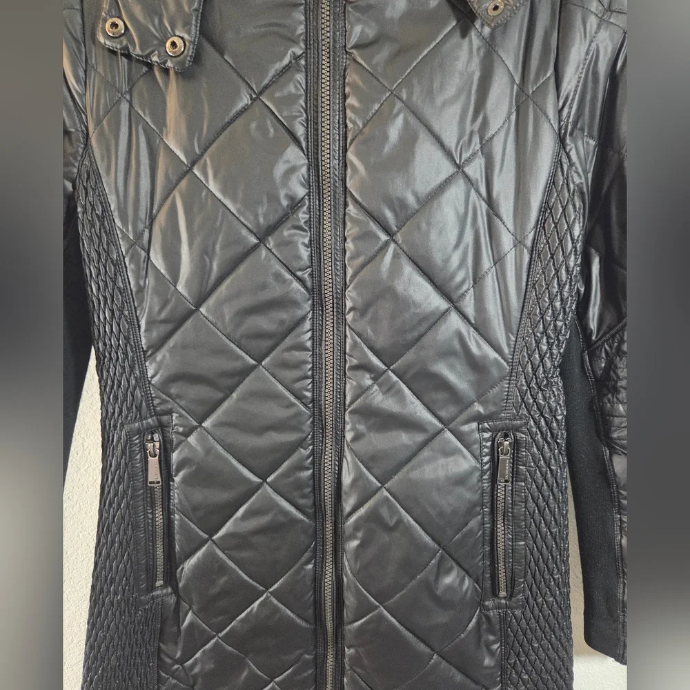 BCBGeneration Black Longline Quilted Lightweight Detachable Hood Puffer Coat